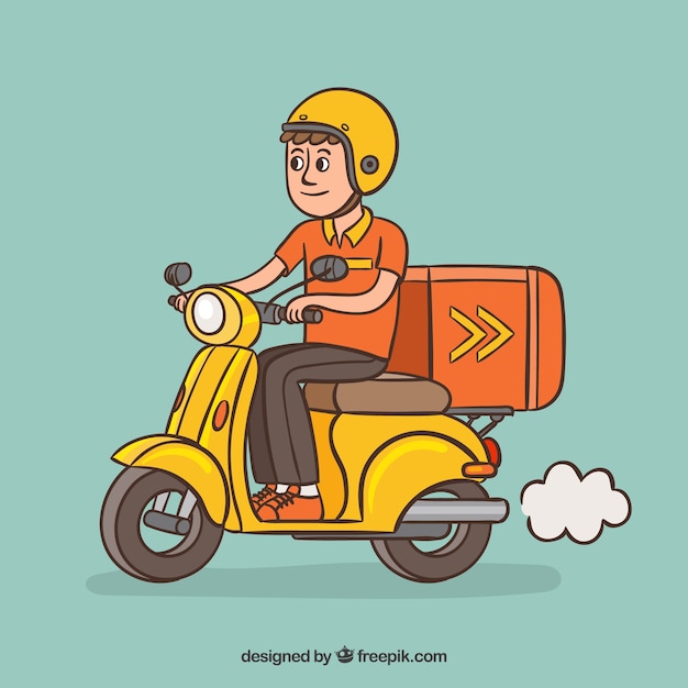 Hand drawn delivery man on classic scooter