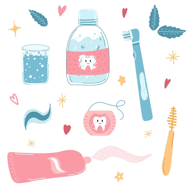 Vector hand drawn dental care items in cartoon flat style. children oral hygiene, care dentistry concept