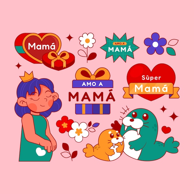 Hand drawn design elements collection for mothers day celebration in spanish