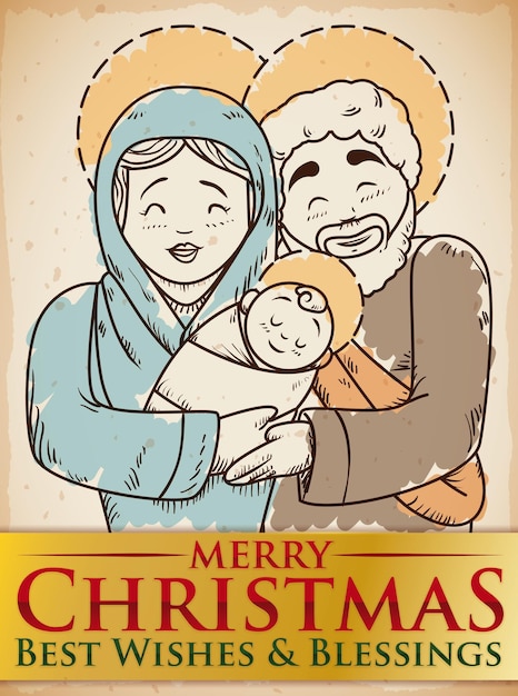 hand drawn design of the Holy Family with brushstrokes with golden ribbon celebrating Christmas