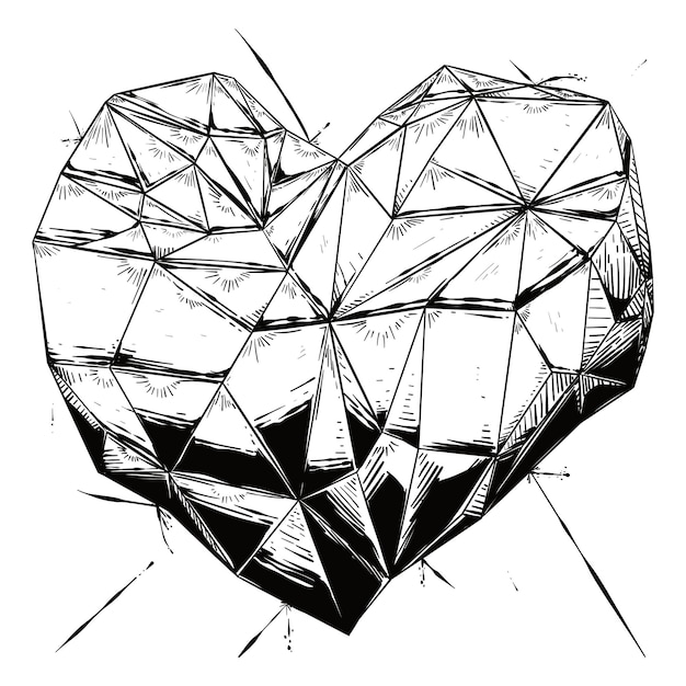 Hand drawn design of a rock solid crystal heart receiving bullet shots and deflecting these shoots