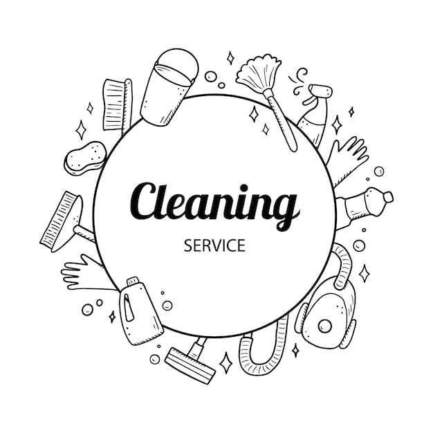 Hand drawn design template of cleaning equipments, sponge, vacuum, spray, broom, bucket. Doodle sketch style.