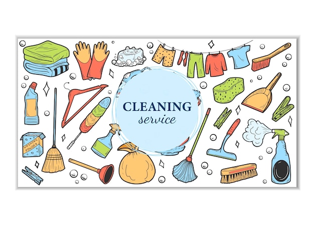 Hand drawn design visiting card for cleaning service Clean Tools Banner Hand drawn Doodle styl