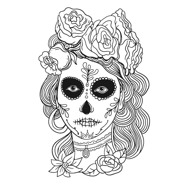 Hand drawn dia de muertos catrina coloring page illustration