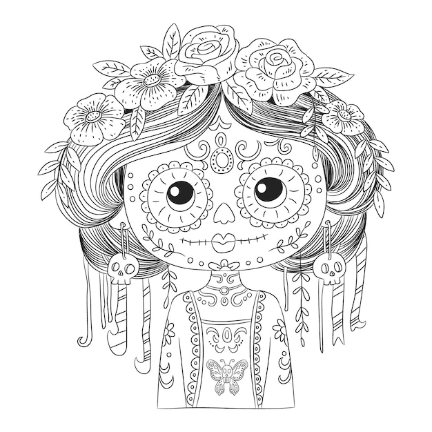 Hand drawn dia de muertos catrina coloring page illustration