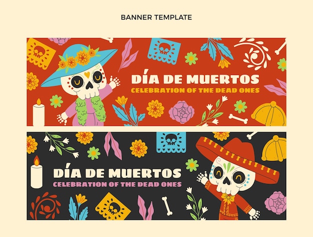 Hand drawn dia de muertos horizontal banners set