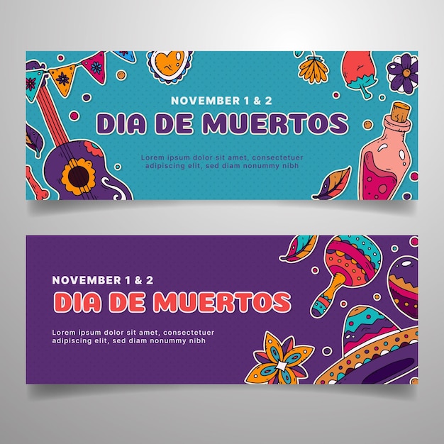 Hand drawn dia de muertos horizontal banners set