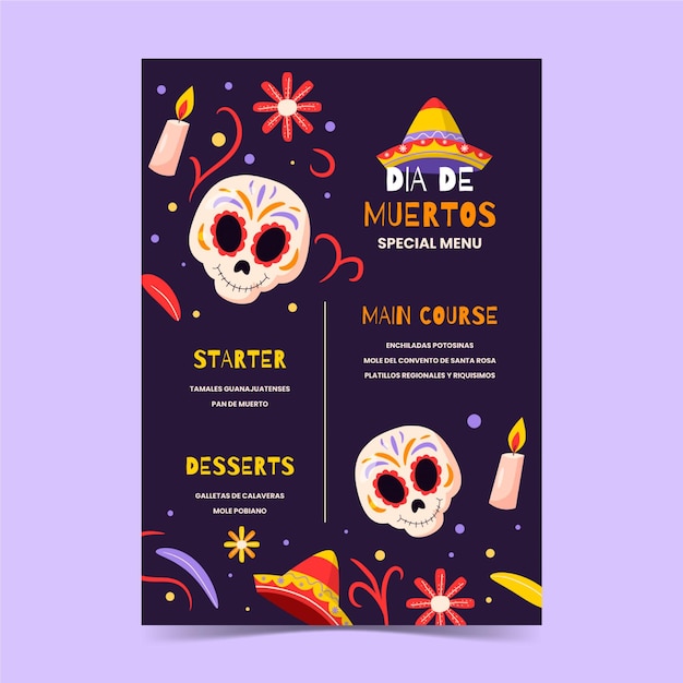 Hand drawn dia de muertos menu template