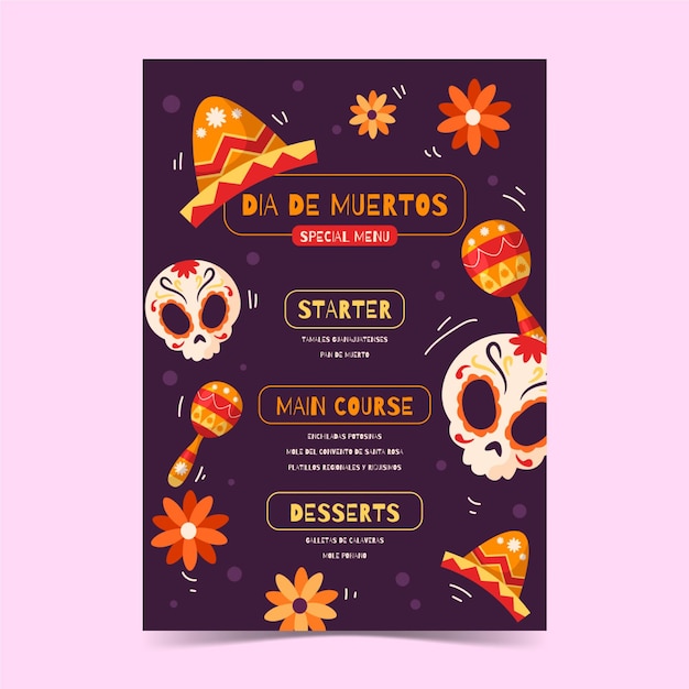 Hand drawn dia de muertos menu template