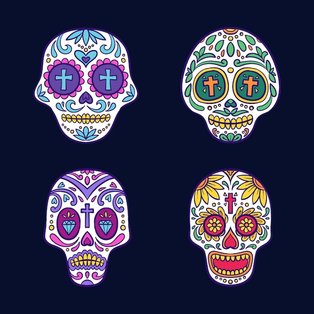 Hand drawn dia de muertos skulls collection