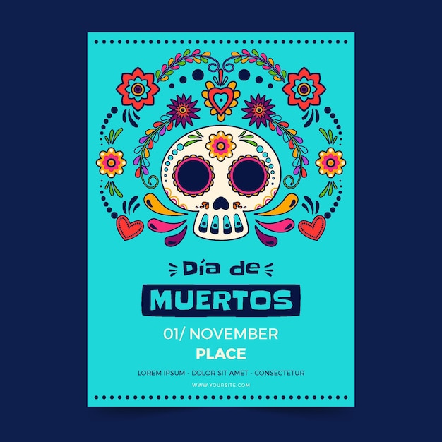 Hand drawn dia de muertos vertical poster template