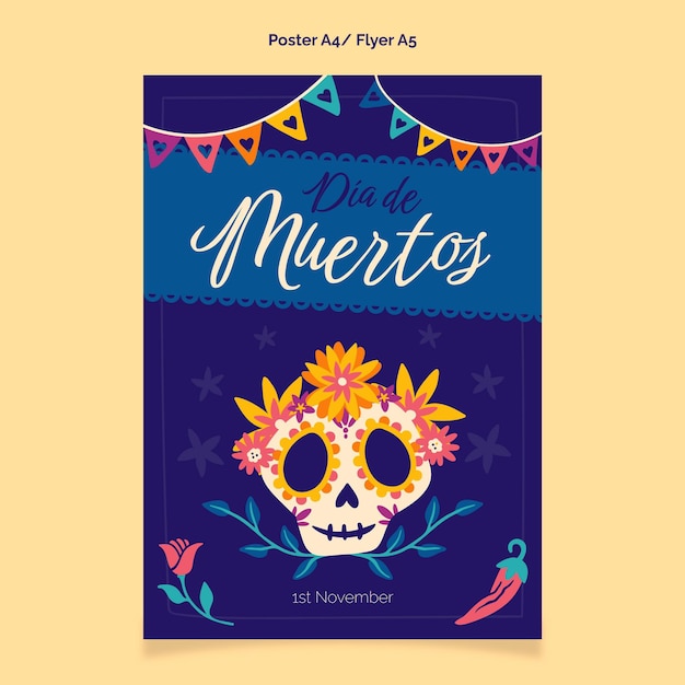 Hand drawn dia de muertos vertical poster template