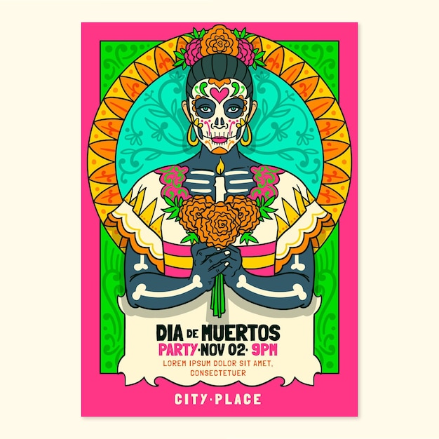 Hand drawn dia de muertos vertical poster template