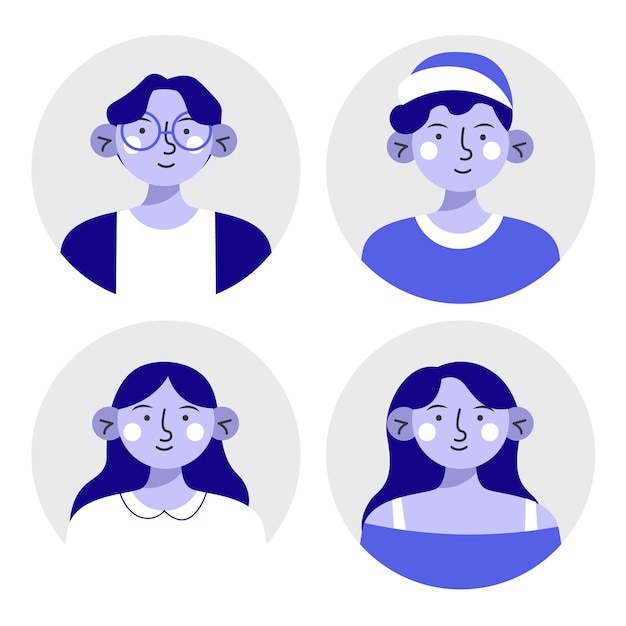 Hand drawn different profile icons pack in blue and white style