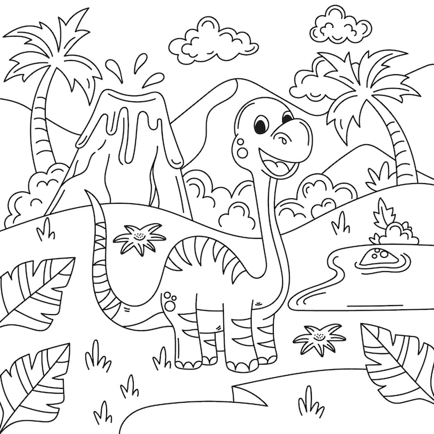 Hand drawn dinosaur coloring book illustration