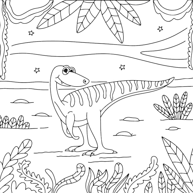 Hand drawn dinosaur  coloring book illustration