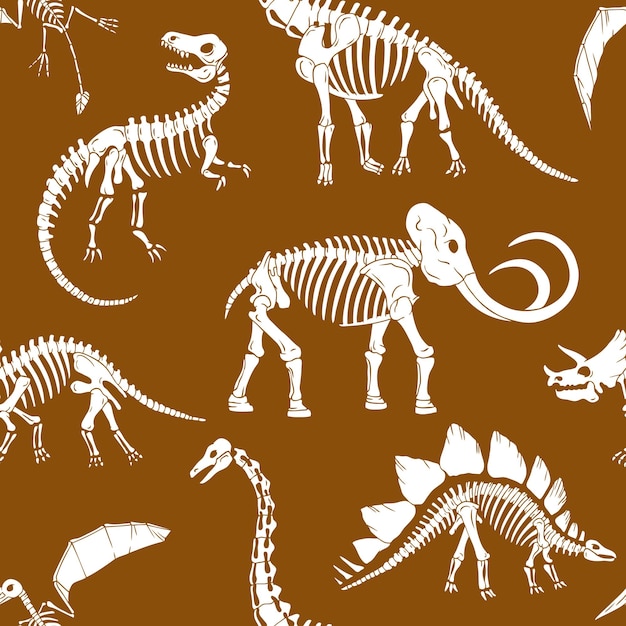 Hand drawn dinosaur skeletons seamless vector pattern.