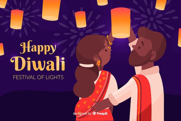 Vector hand drawn diwali background with couple