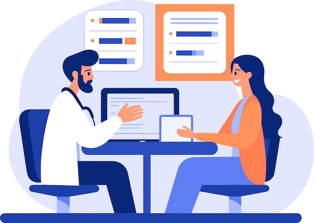 Vector hand drawn doctor talking to patient at hospital in flat style isolated on background