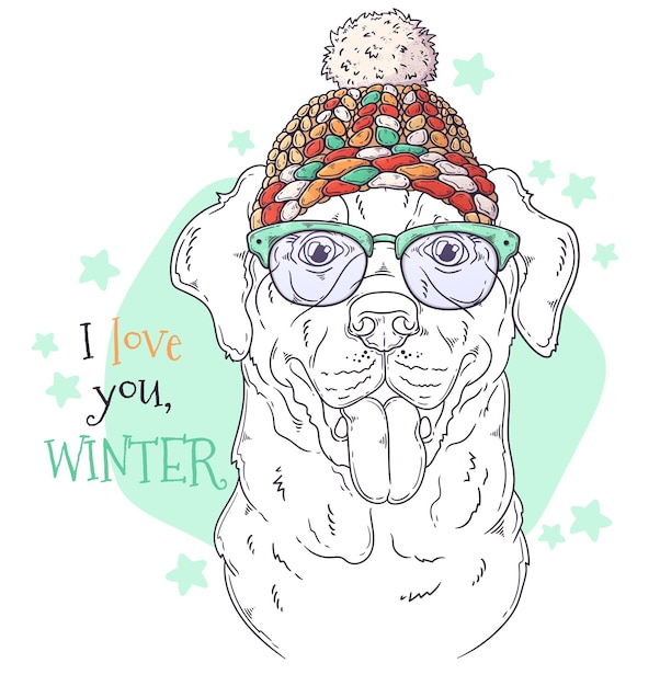 Hand drawn dog portrait with Christmas accessories Vector