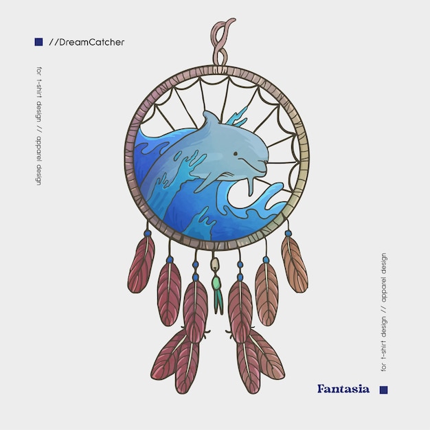 Vector hand drawn dolphin dream catcher for tshirt