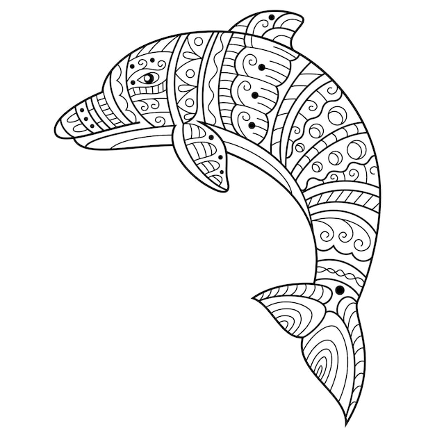 Hand drawn of dolphin in zentangle style