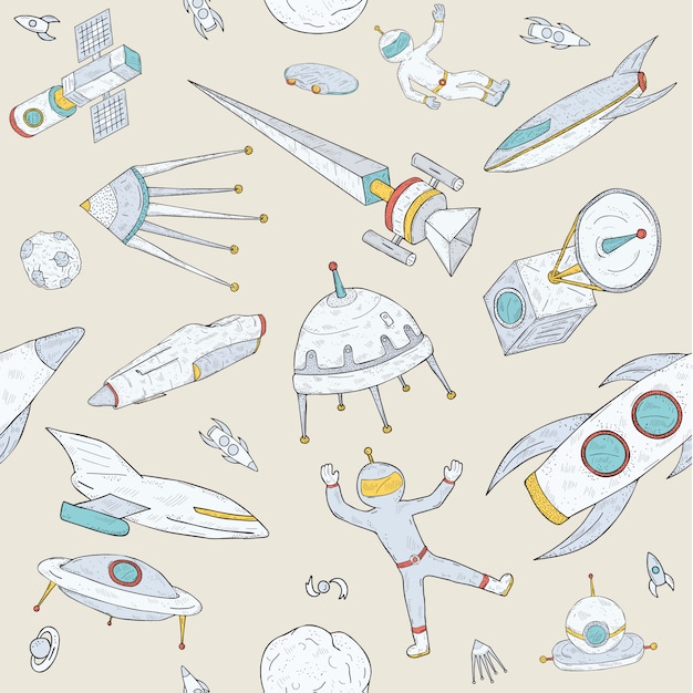 Hand drawn doodle astronomy seamless pattern. Objects, planets,shuttles, rockets, satellites and cosmonaut. Colorful.