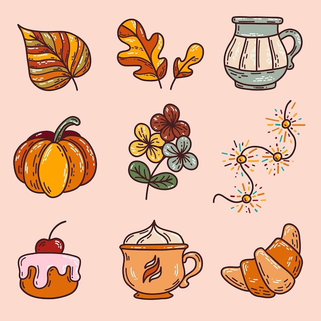 Vector hand drawn doodle autumn set. fall symbols seasonal elements pumpkin croissant leaves coffee cupcake