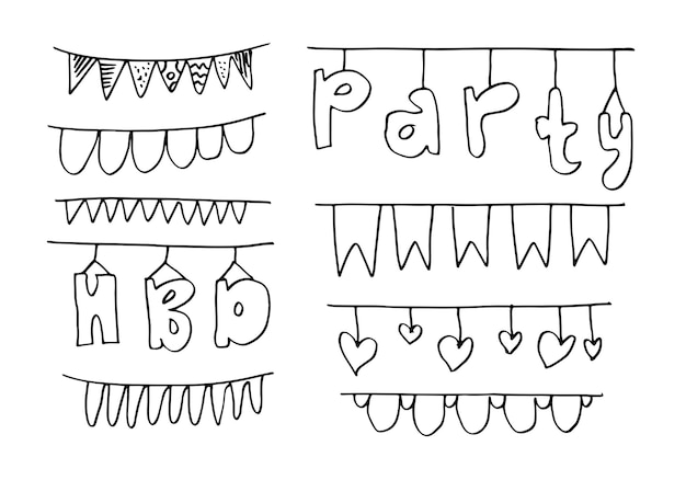 Hand drawn doodle bunting flags and garlands isolated on white background