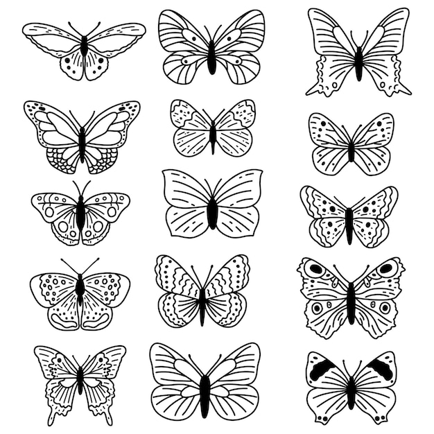 Hand drawn doodle butterflies set Vector sketch illustration black outline art collection of insect for web design icon print coloring page