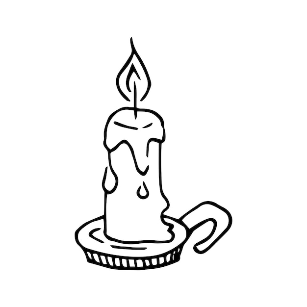 Hand drawn doodle candle with fire Black and white vector clipart Outline Wax flowing down the candle