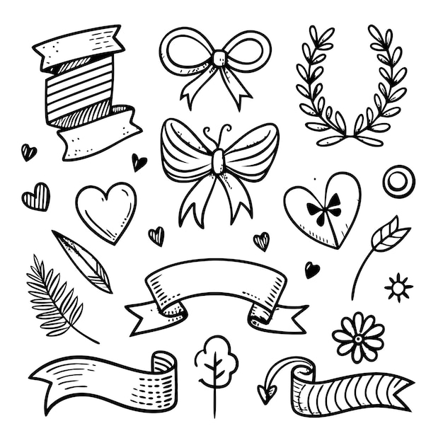 Vector hand drawn doodle collection with ribbons hearts leaves and flowers