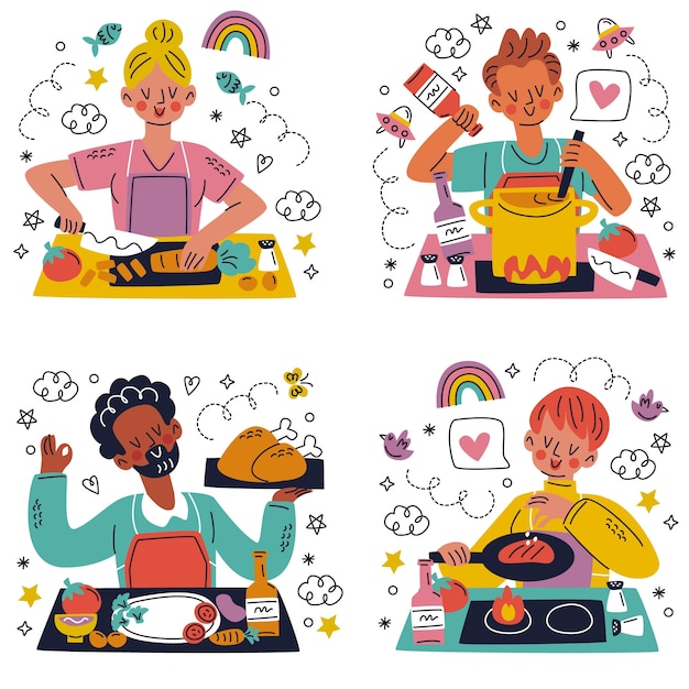 Hand drawn doodle cooking stickers sticker set