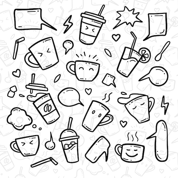 Hand drawn doodle of cute mug and cup drink illustration icons