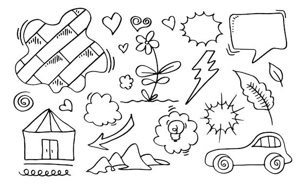 Hand drawn doodle design elements black on white background wall car emphasis Arrow hill