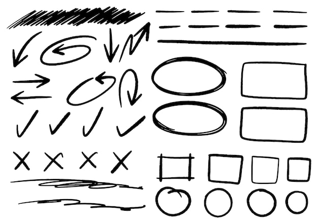 Hand drawn doodle design graphic elements. Hand drawn arrows circles and abstract doodle writing design. white background.