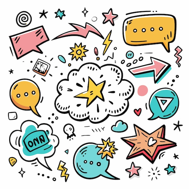 Hand drawn doodle elements with speech bubbles stars and more