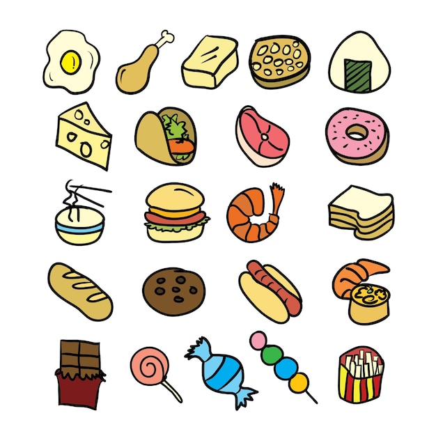 hand drawn doodle foods icon set vector illustration