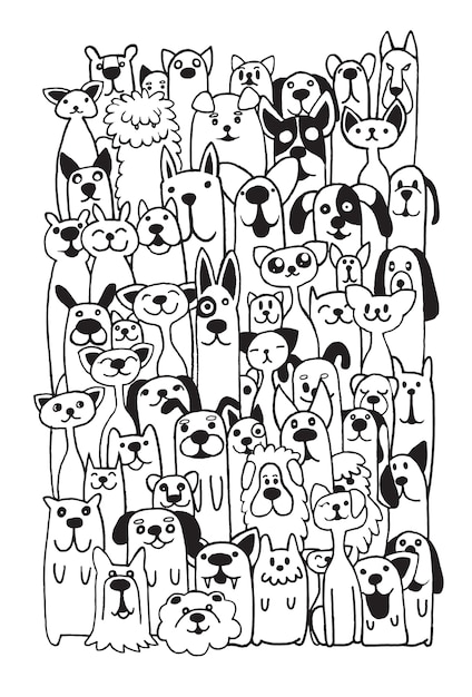 Vector hand drawn doodle funny dogs and cat set