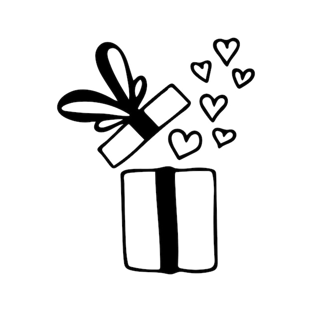 Hand drawn doodle gift box with hearts Cute open present with bow and ribbon Vector clipart Outline