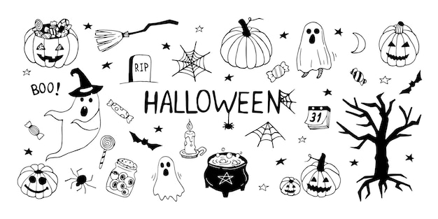 Hand drawn doodle halloween set Vector cute and funny spirits ghosts pumpkins and sweets Outline