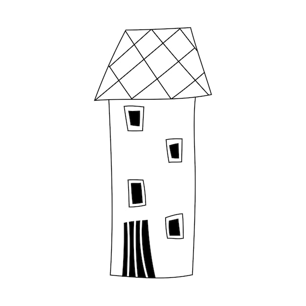 Hand drawn doodle house with rectangle windows and black door For fabric prints kids Vector illustration