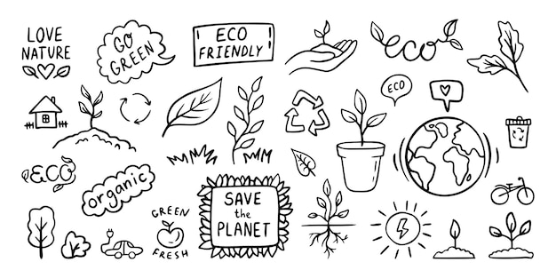 Vector hand drawn doodle illustration of ecology concept reduce reuse refuse green energy outline set