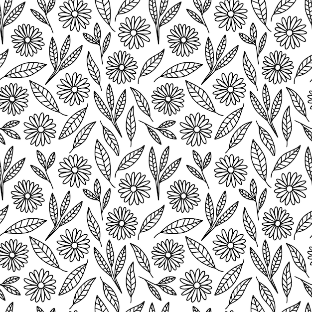 Hand drawn doodle leaves and flowers seamless patterm Black and white branch with leaves vector background