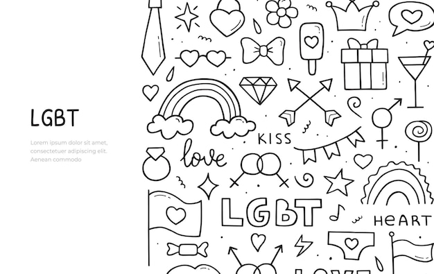 Hand drawn doodle of LGBT theme items Web banner template Vector illustration