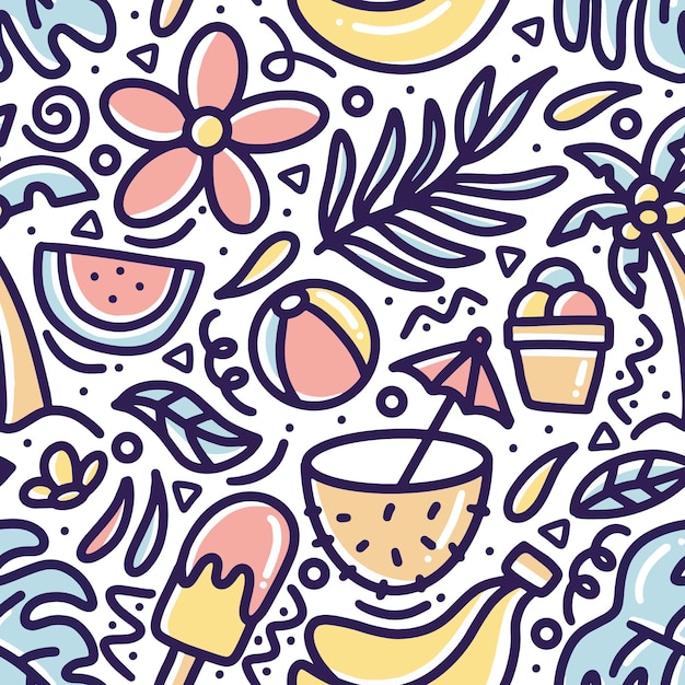 Hand drawn doodle pattern summer on the beach with icons and design elements