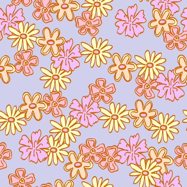 Hand drawn doodle purple seamless wallpaper with pink yellow flowers Cute vector pattern for paper