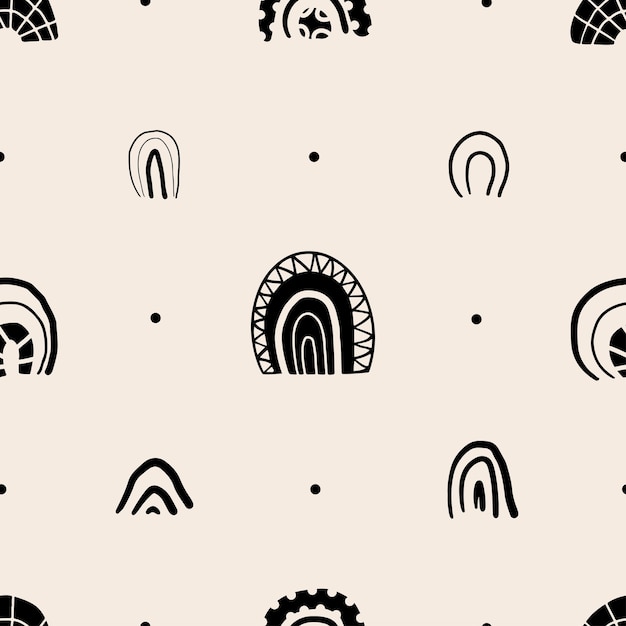 Hand drawn doodle rainbow pattern. Cute black rainbow vector seamless background in scandi style