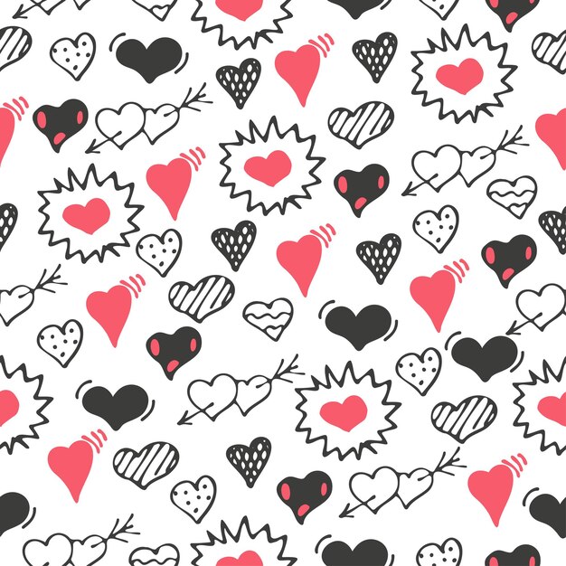 Hand drawn doodle red black and outline hearts seamless pattern on white background