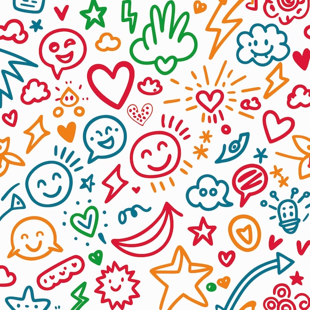 Hand Drawn Doodle Seamless Pattern with Smiley Faces Hearts Stars and Lightning Bolts for a Fun and Positive Design